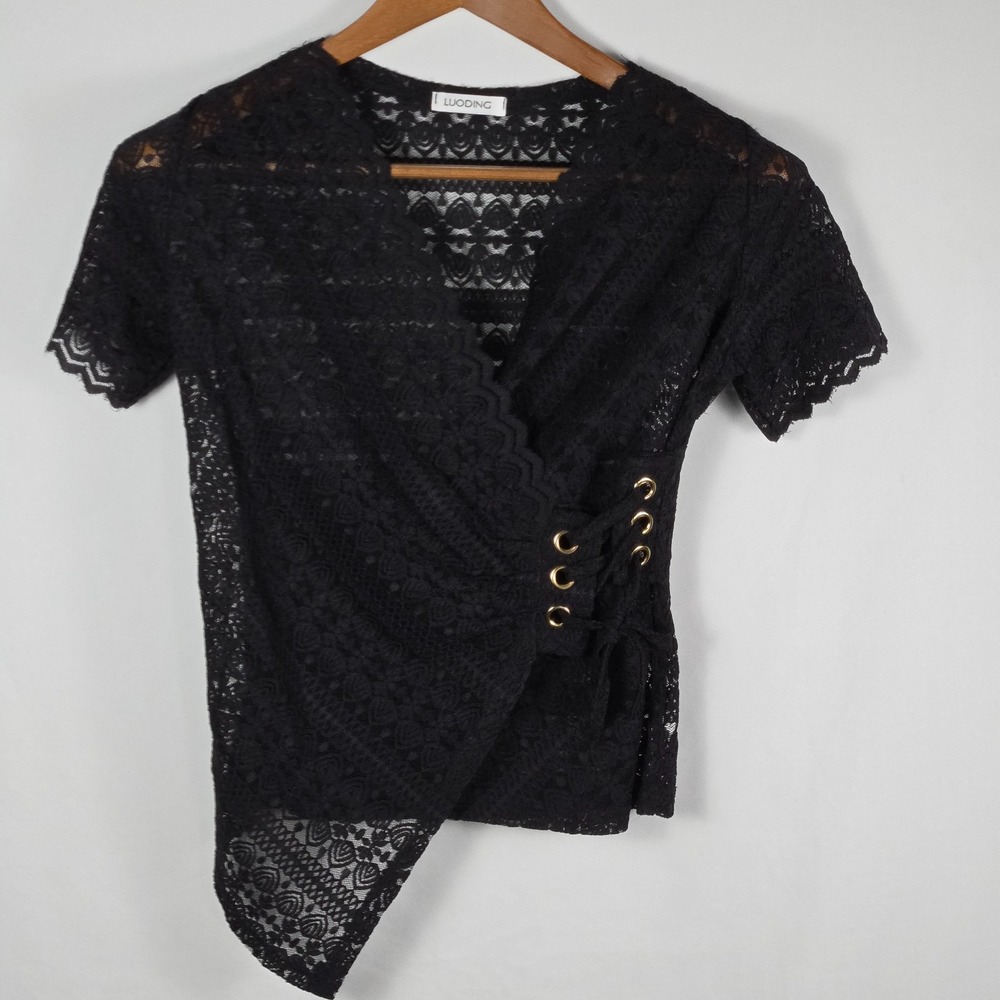 LUODING Black Lace Top Small Wrap Lace Up Asymmetrical Drape Gothic Sheer Blouse